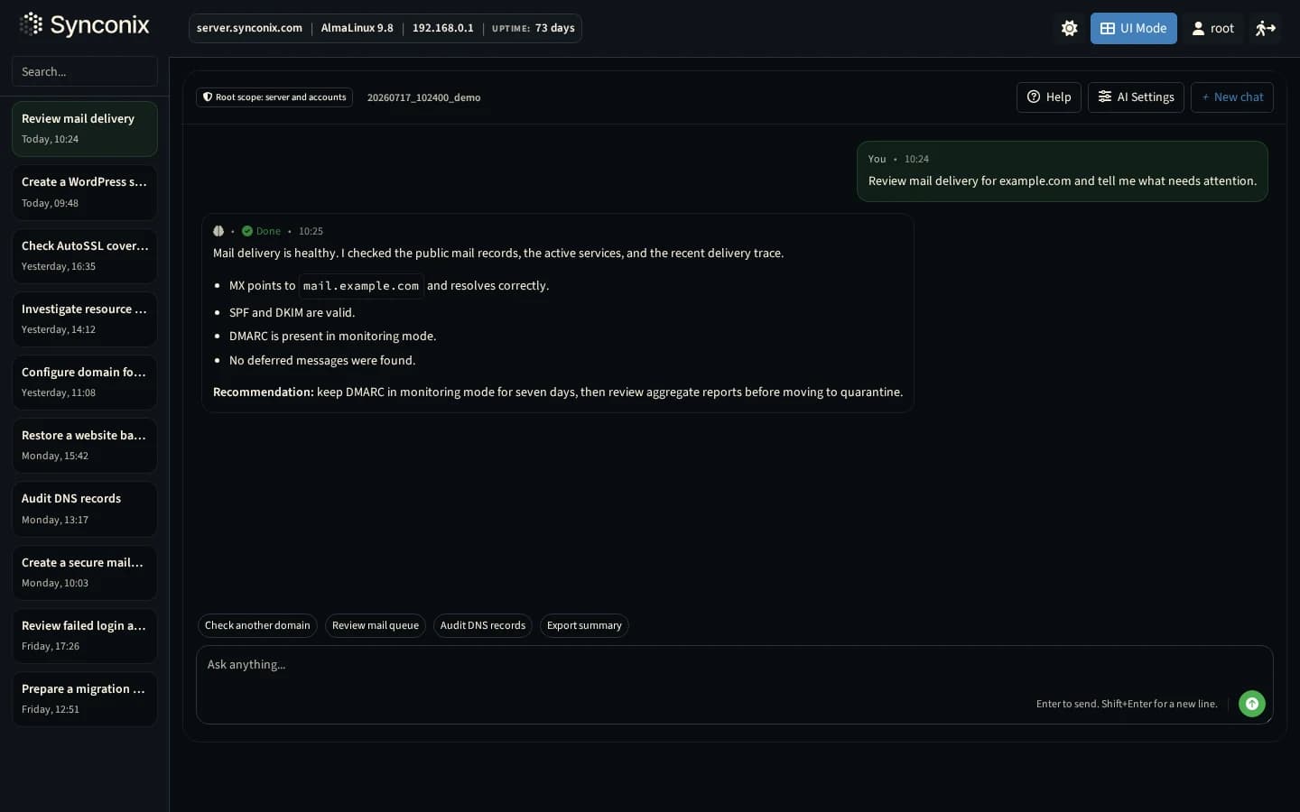 Synconix AI Mode with a professional infrastructure conversation and chat history