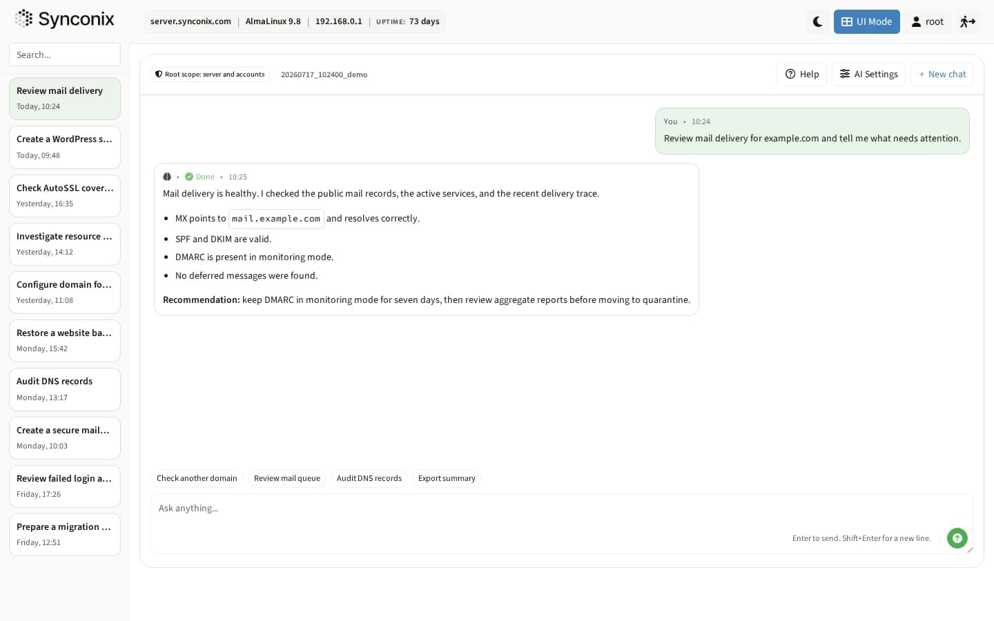 Synconix AI Mode with a professional infrastructure conversation and chat history