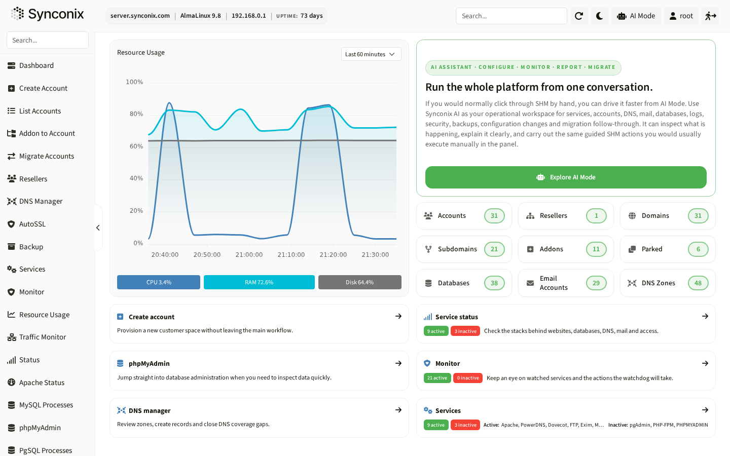 Synconix Hosting Manager product dashboard